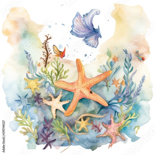 Watercolor Happy Starfish Generative Ai