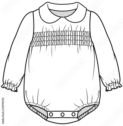 baby girls long sleeve peter pan collar romper flat sketch vector illustration technical cad drawing template