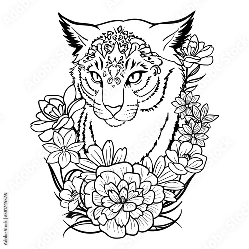 A cat, panther head with flowers in tribal tattoo style