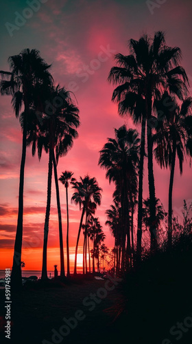 Palm trees silhouette. Clump of palms at sunset in the tropics.