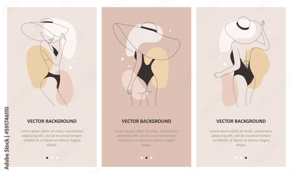 Set of covers for social media. Modern linear women in straw hats. Elegant lady in black swimsuit. Travel blog or tour agency concept. Hand drawn outline vector illustration.