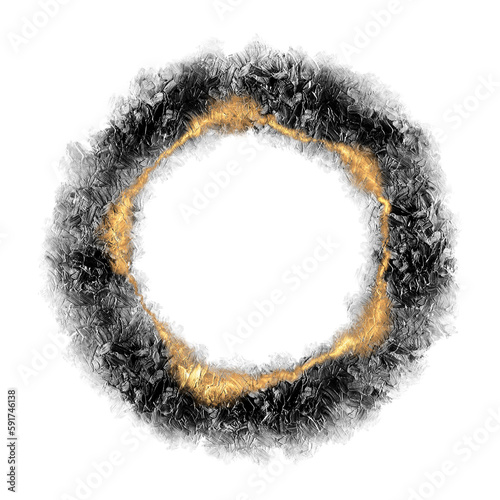 Black brush stroke smudge with golden circle, circle of black paint, masking shapes for manipulation purposes, isolated object illustration with transparent background