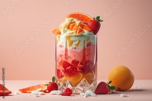 delicious ice cream in a elegance glass. Summer cold ice cream dessert concept on purple background - Generative AI