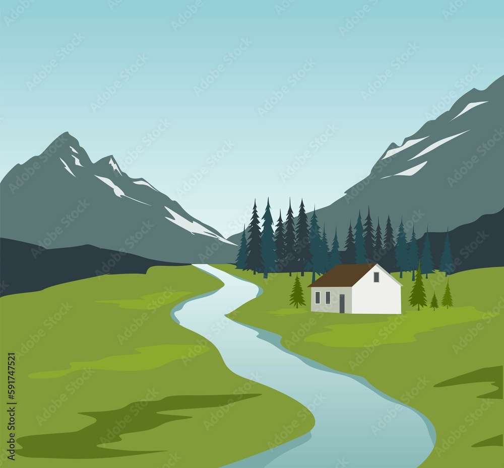 landscape with mountains and house landscape with mountains and house