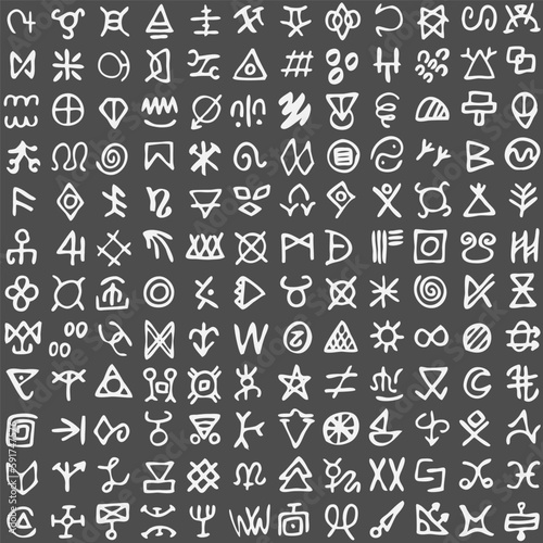 Grid of runes symbols. Ancient occult symbols, vikings like letters on white