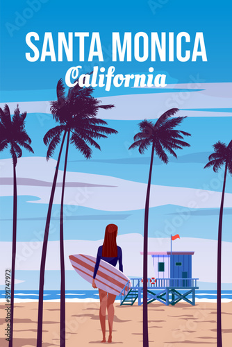 Travel retro poster California Santa Monica Beach vector