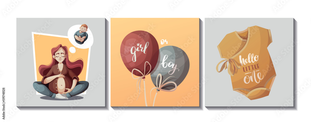 Set of cards with pregnant women, balloons and baby bodysuit. Motherhood, Pregnancy, Childbirth, baby waiting, babyhood concept. Square Vector Illustration for poster, card, postcard, cover.