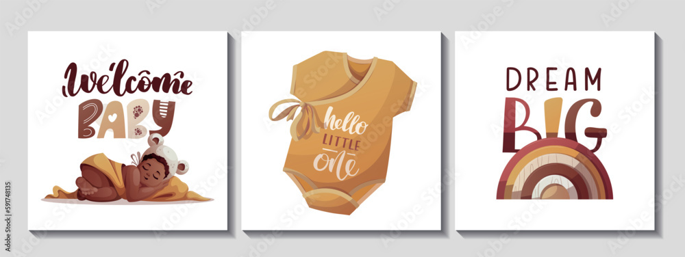 Set of cards with sleeping baby girl, bodysuit, handwritten text. Newborn, Childbirth, Baby care, babyhood, childhood, infancy concept. Square Vector illustration for card, postcard, cover.