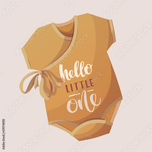 Card design with baby bodysuit. Handwritten text. Baby waiting, Newborn, Childbirth concept. Square Vector illustration for card, postcard, cover.