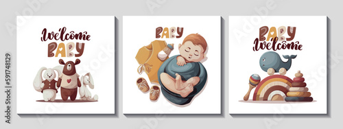 Set of cards with swaddled baby boy, teddy bear, baby wooden toys. Handwritten text. Newborn, Childbirth, Baby care, babyhood, childhood concept. Square Vector illustration for card, postcard, cover.
