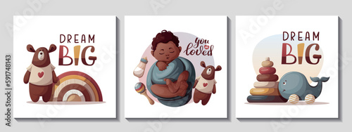 Set of cards with swaddled baby boy, teddy bear, baby wooden toys. Handwritten text. Newborn, Childbirth, Baby care, babyhood, childhood concept. Square Vector illustration for card, postcard, cover.