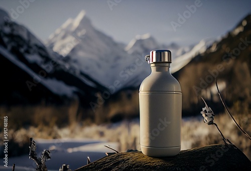 snow-white insulated drinking flasks with liquid against backdrop of mountain landscape. Generative AI
