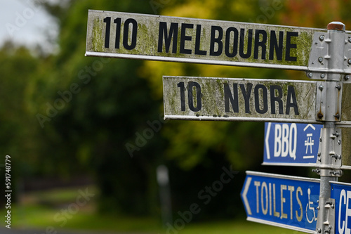 Street Signs in Poowong, Victoria, Australia on a cloudy afternoon. 