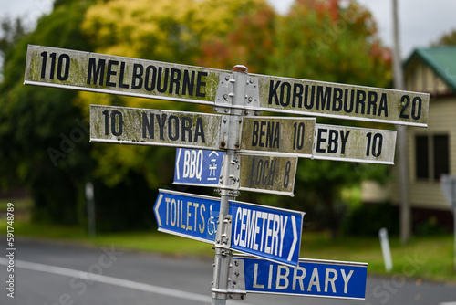 Street Signs in Poowong, Victoria, Australia on a cloudy afternoon.  photo