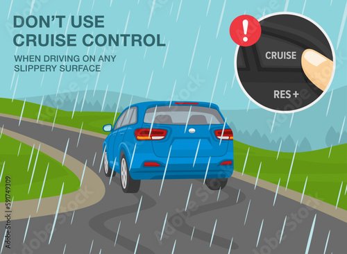 Safe car driving tips and rules. Don't use cruise control when driving on any slippery surface. Close-up of a finger pressing button. Suv skidded on wet road. Flat vector illustration template.