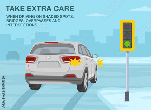 Winter season safe car driving tips and rules. Take extra care when driving on bridges, shaded spots and intersections. Back view of suv turning right. Flat vector illustration template.