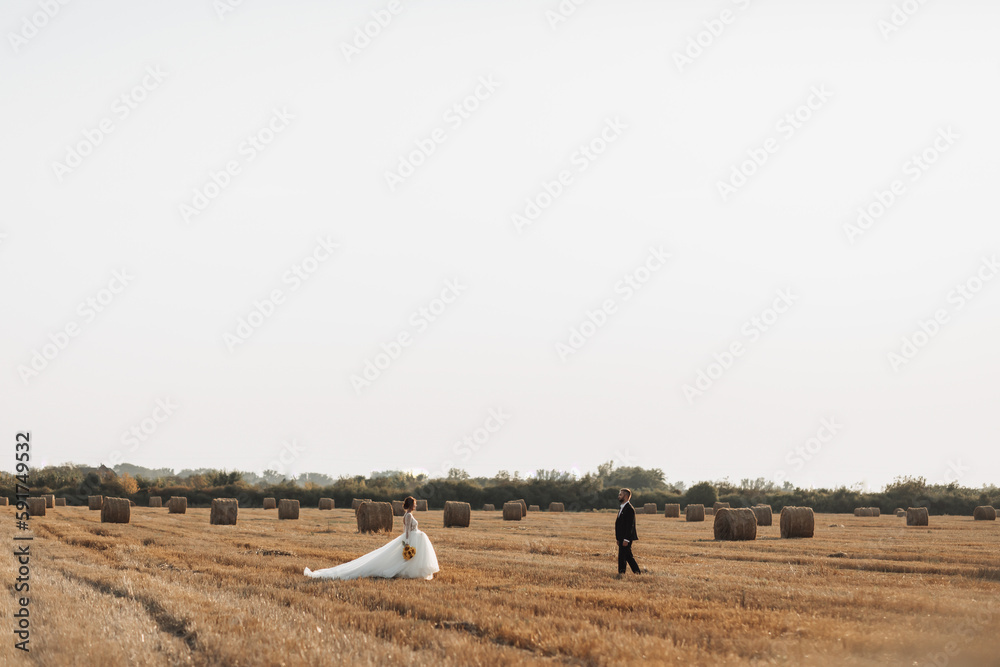 Obraz premium Wedding portrait of the bride and groom. Bride and groom on the background of hay, walk across the field to meet each other. Red-haired bride in a long dress. Stylish groom. Summer. Bales of hay