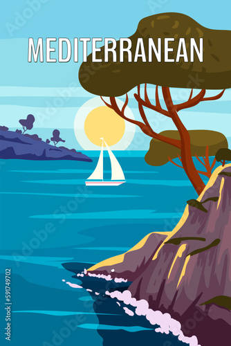 Mediterranean Poster, landscape sea vacation Europe. Mountaines, trees, harbor, sailboat, sunset. Travel holiday summer voyage. Vintage style vector illustration