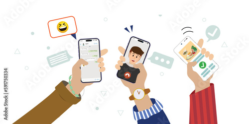 Youngsters use smartphones with mobile apps for surfing social media and ordering food. Boys and girls chatting, watching videos, video talk and ordering dessert. Vector Illustration.