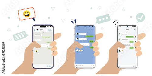 Smartphone in hand. Vector chatting screen in mobile communication illustration. Chat app template. Modern realistic white and black smartphone. Social network concept. Vector.