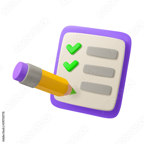 Vector 3d icon todo list with checkmark and pencil. Survey or feedback concept, isolated on white background