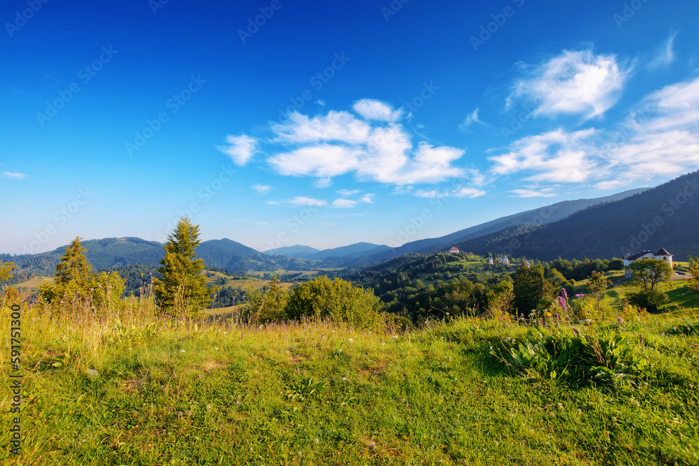 mountain landscape with grassy meadow. view in to the distant rural valley. sunny summer morning mountain landscape with grassy meadow. view in to the distant rural valley. sunny summer morning