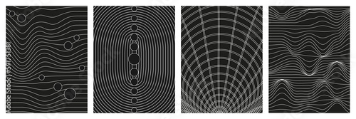 Set of geometry wireframe grid backgrounds in white color on black background. 3D abstract posters, patterns, cyberpunk elements in trendy psychedelic rave style. 00s Y2k retro futuristic aesthetic.