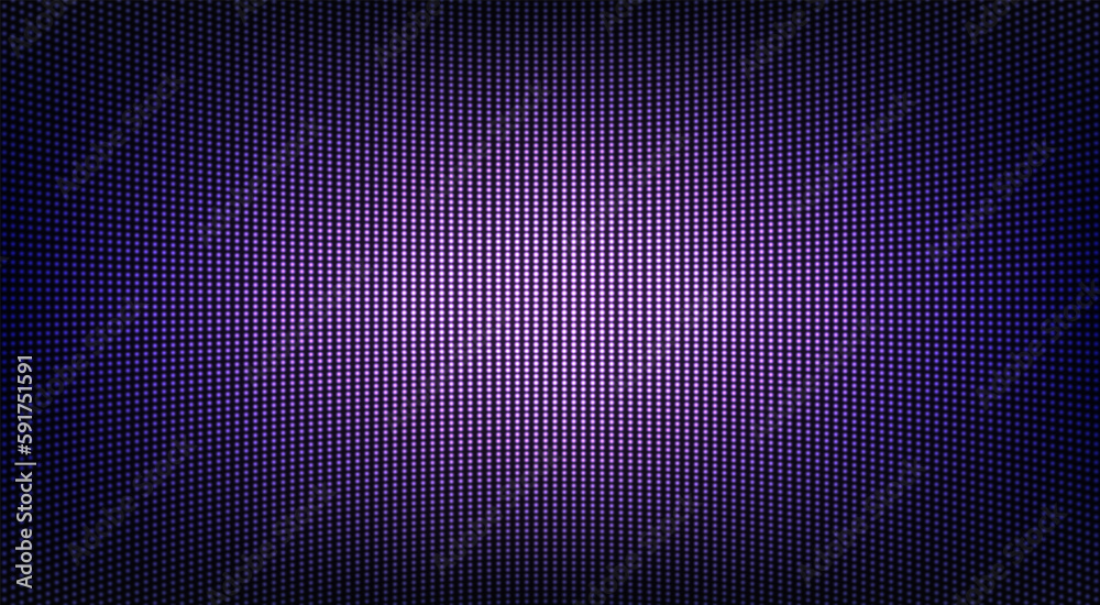 Led digital display. Lcd screen texture. TV pixel background. Violet television videowall. Monitor with dots. Electronic purple diode effect. Projector grid template. Vector illustration.