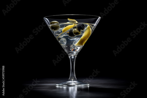 closeup of a deliciously refreshing a well-made dry Martini is elegance in a glass. The classic mix of gin and dry vermouth cocktail. Garnish with a lemon twist or a few olives drink - Generative AI