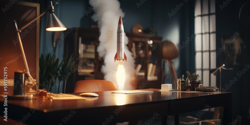 Business start up concept with rocket launching in workplace. Generative Ai
