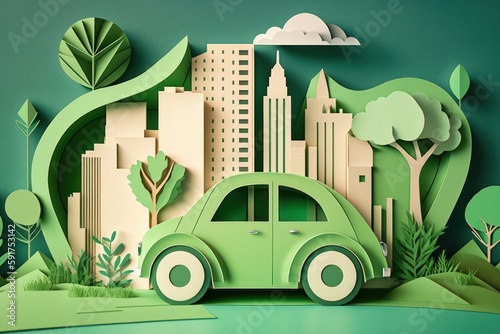 Eco friendly car with cityscape paper cut style, Renewable and sustainable energy concept. Generative AI