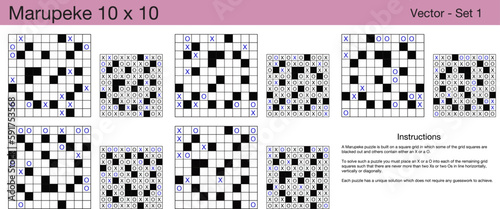 5 Marupeke 10 x 10 Puzzles. A set of scalable puzzles for kids and adults, which are ready for web use or to be compiled into a standard or large print activity book.
