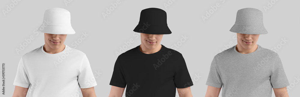 Mockup white, black, heather panama hat on smiling guy, hat for design, pattern, branding, summer wear isolated on background. Mockup white, black, heather panama hat on smiling guy, hat for design, pattern, branding, summer wear isolated on background.
