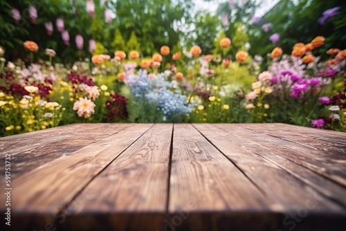 Empty wooden table in flowers garden blurred background, Free space for product display. Generative Ai © CYBERUSS