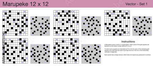 5 Marupeke 12 x 12 Puzzles. A set of scalable puzzles for kids and adults, which are ready for web use or to be compiled into a standard or large print activity book.