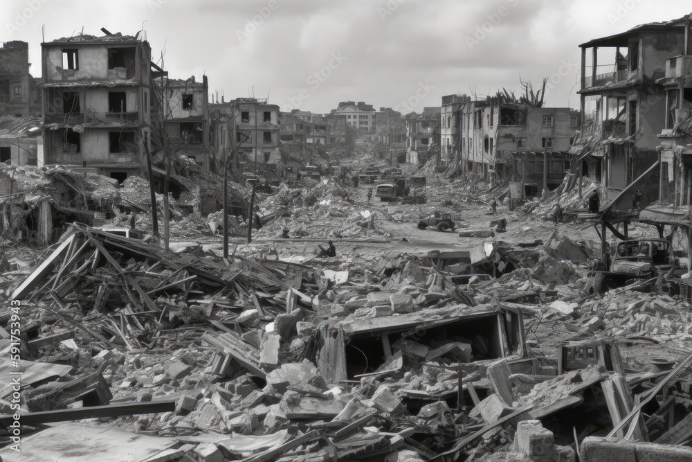 Black And White Photo Of Destroyed City With Rubble And Debris Everywhere. Generative AI
