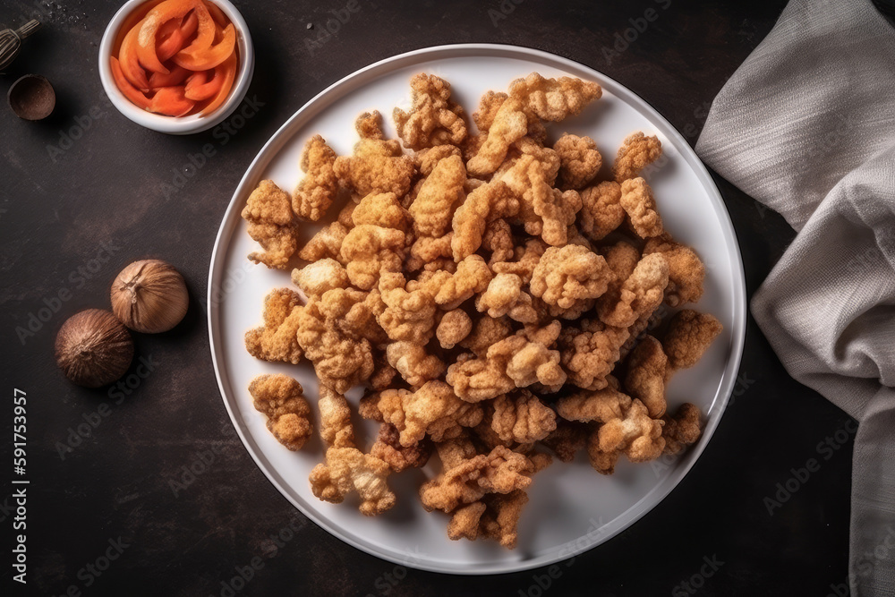Chicharrn On White Plate, Top View. Colombian Food. Generative AI Chicharrn On White Plate, Top View. Colombian Food. Generative AI