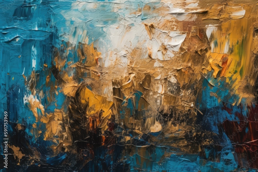 Blue And Gold Oil Paint Strokes On Canvas. Generative AI
