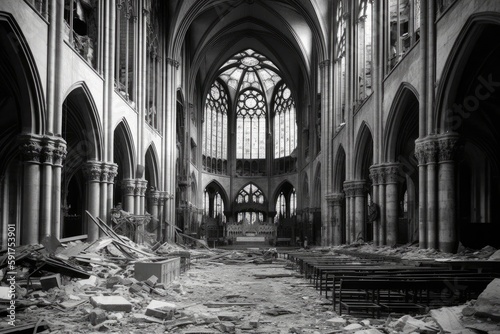 Black And White Photo Of Destroyed Cathedral With Stainedglass Windows Blown Out. Generative AI