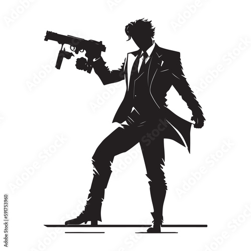 Mafia silhouette vector, Detective silhouette vector isolated, Gangster Pose. Joker with gun silhouette vector. joker silhouette.