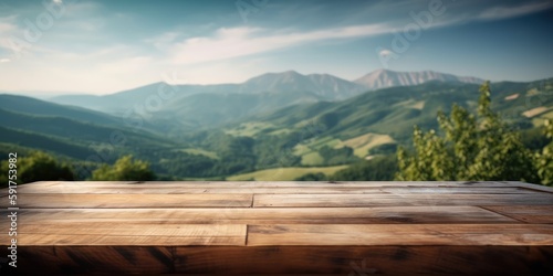 Empty wooden table with green mountain background, Free space for product display. Generative Ai