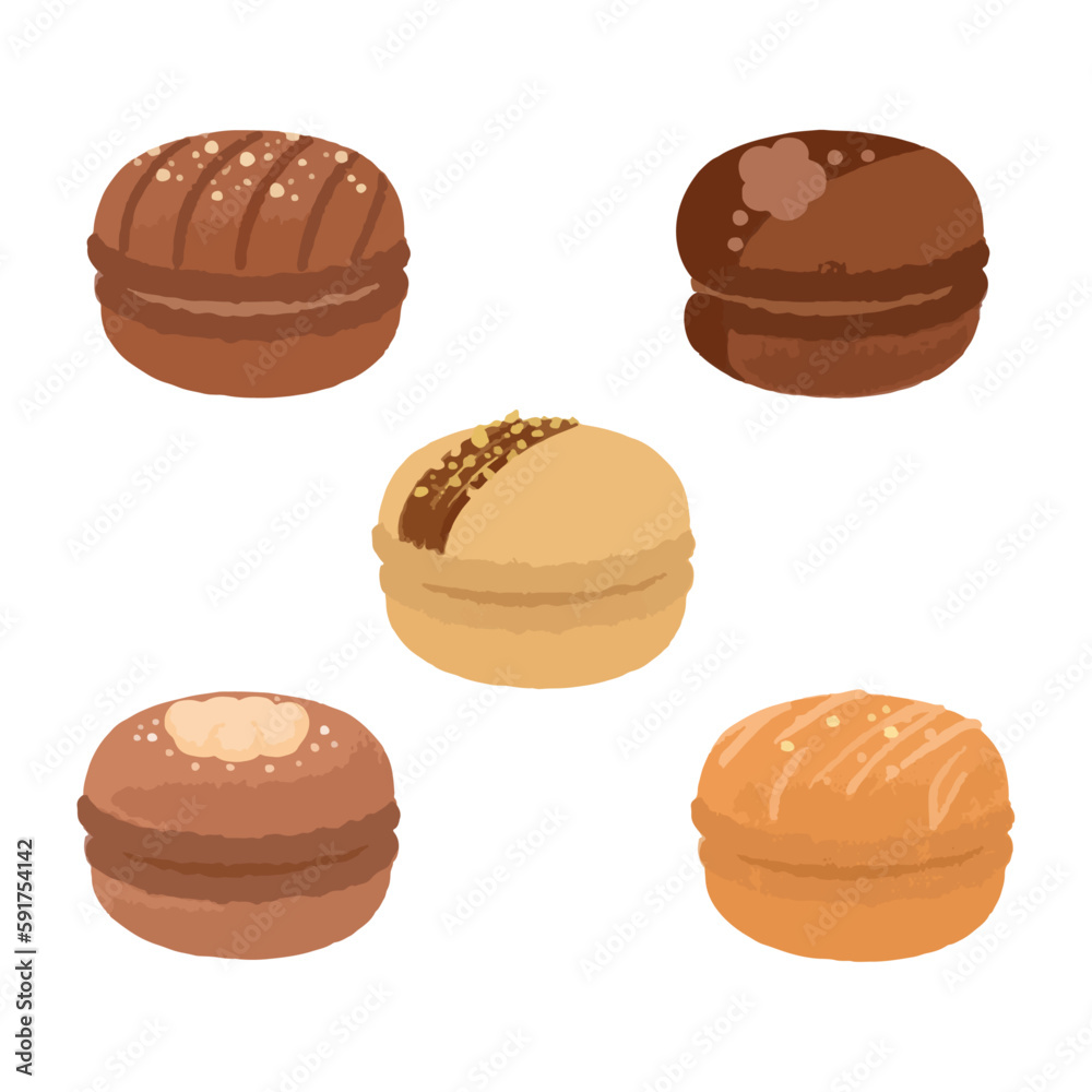 Set of macaroons with different flavors and fillings. Hand drawn watercolor vector illustration