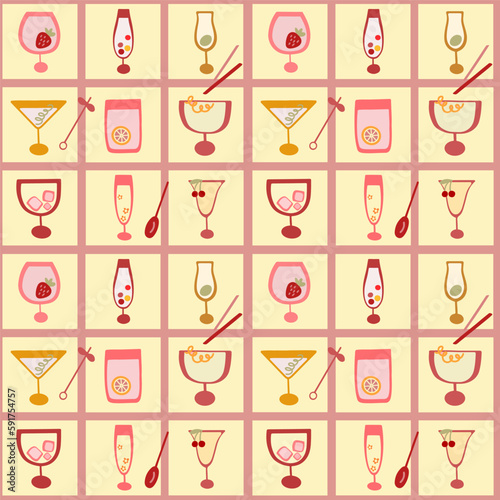 Checkered seamless pattern with different cocktail glasses.