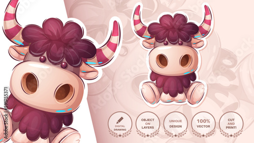 Sticker cartoon character adorable bull, pretty animal idea for print t-shirt, poster and kids envelope, postcard. Cute hand drawn style cow
