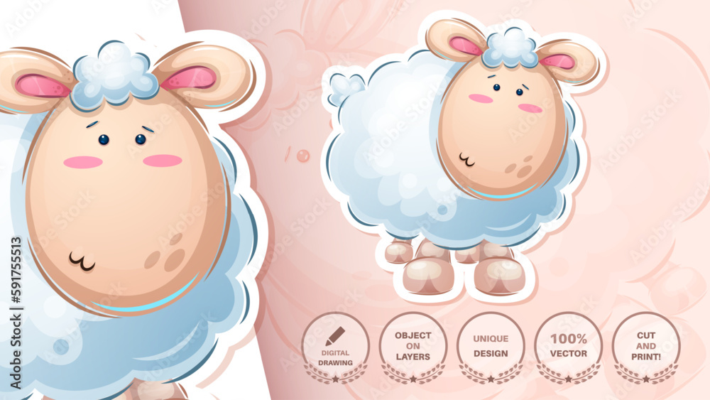 Sticker cartoon character adorable sheep, pretty animal idea for print t-shirt, poster and kids envelope, postcard. Cute hand drawn style lamb Sticker cartoon character adorable sheep, pretty animal idea for print t-shirt, poster and kids envelope, postcard. Cute hand drawn style lamb