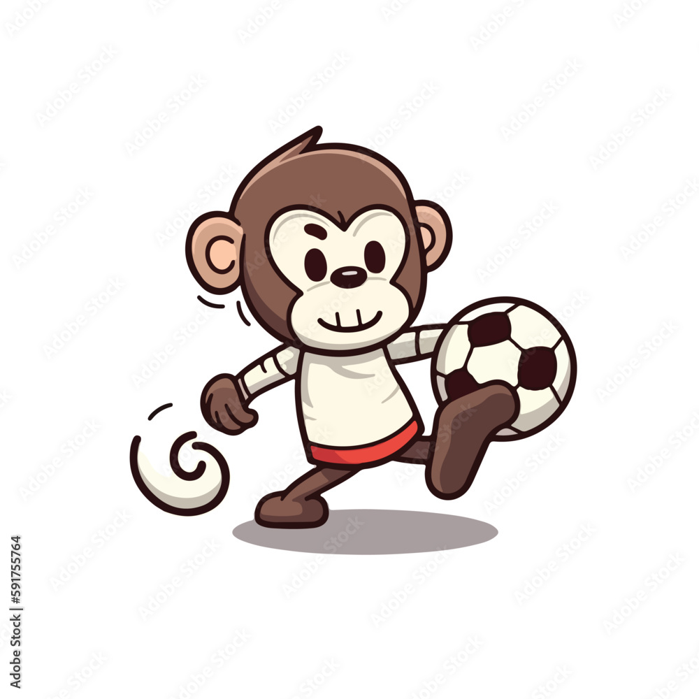 Mascot cartoon of cute smile monkey playing soccer football. 2d character vector illustration in isolated background Mascot cartoon of cute smile monkey playing soccer football. 2d character vector illustration in isolated background