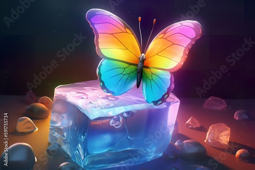 Cute Cartoon Butterfly on Ice with Shimmering Effect, cartoon, butterfly, ice, cute, whimsical, playful, vibrant, colorful, shimmering, sparkle, glitter, animation, © Sumon