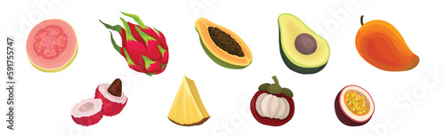 Ripe and Fresh Exotic Fruits with Sweet Tasty Pulp Vector Set