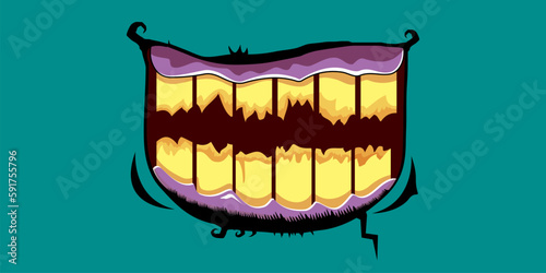 Vector cartoon funny zombie monster laughing mouth with rotten teeth isolated on a green background. Vector happy Halloween kids t-shirt design template with funky monster mouth