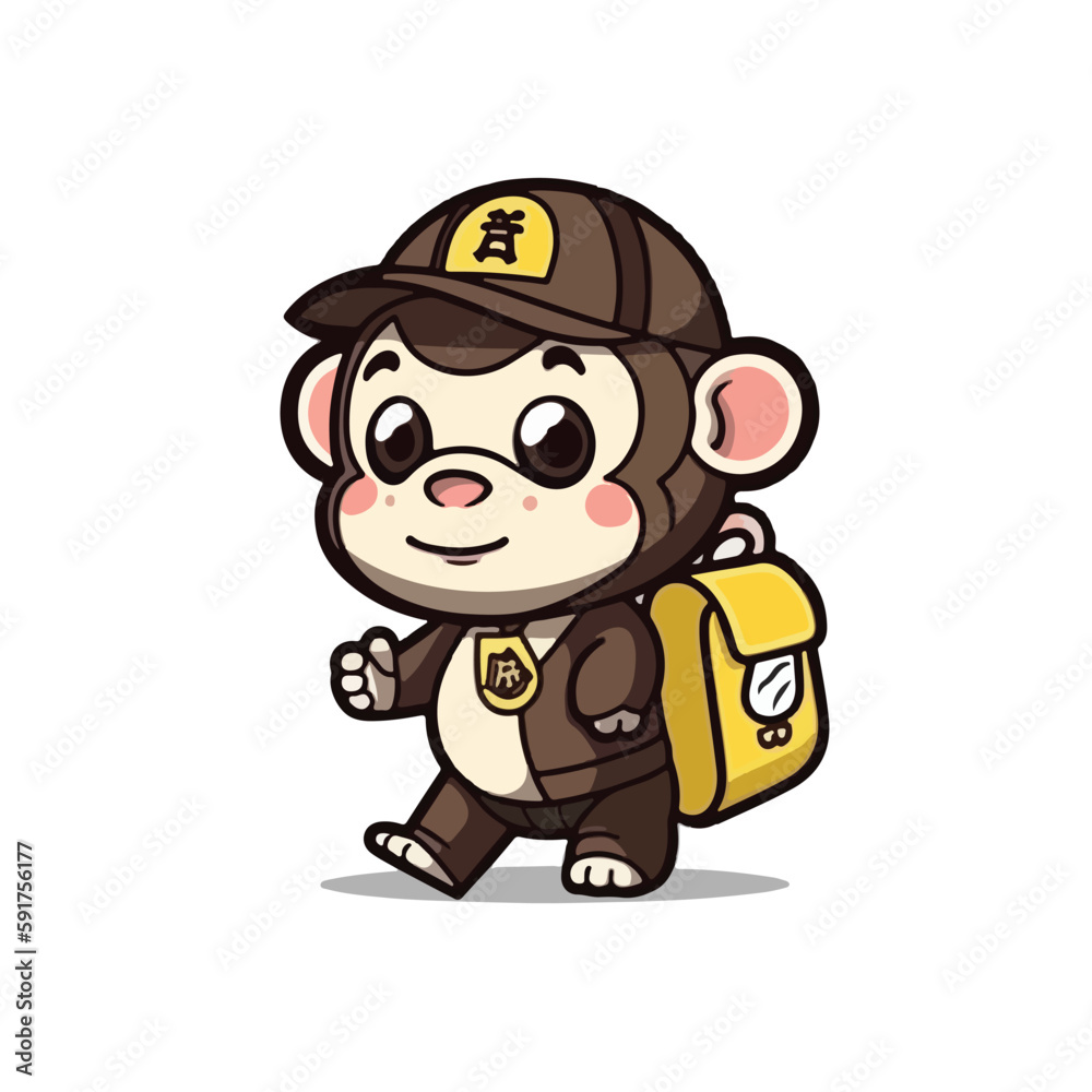 Mascot cartoon of cute smile monkey go to school wearing school bag. 2d character vector illustration in isolated background Mascot cartoon of cute smile monkey go to school wearing school bag. 2d character vector illustration in isolated background